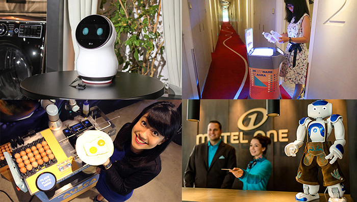 Top l to r: LG unveiled CLOi at CES; M Social’s Aura brings bottled water to guests in their room Bottom l to r: M Social’s Ausca cooks eggs for a patron; Motel One Munich’s concierge robot Sepp greets people and helps answer their questions like directions to a bar